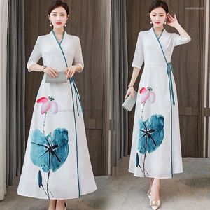 Etnik Giyim Geleneksel Çin Elbise Kadınlar Retro Qipao Uzun Cheongsam Zarif Vintage Çiçek Baskı Modern