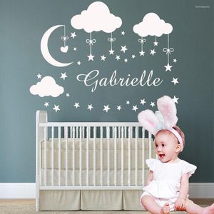 Adesivos de parede personalizados com nome personalizado estrelas da lua para decoração de quarto de bebê de crianças decalques para decoração de quarto de meninas mural