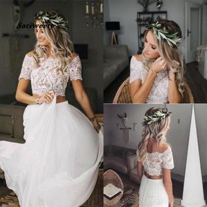 Abiti da sposa estivi Boho due pezzi Abiti da sposa con scollo a barca maniche corte Abiti da sposa da spiaggia bohémien Abiti da sposa lunghi in chiffon314u