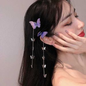 Dangle Chandelier 1Pair Purple Butterfly Tassel 헤어 핀을위한 여자 소녀 빈티지 금속 은색 머리 클립 보석 액세서리 새로운 Z0608