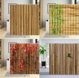 Shower Curtains Green Bamboo Shower Curtain Plants Tree Maple Leaf Wooden 3D Printing Wall Decoration Bathroom Polyester Curtains Set With Hooks 230607