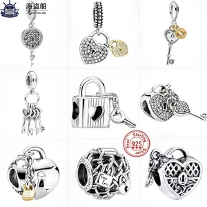 Para pandora charms autênticos 925 contas de prata Pendente Elo de Corrente Openwork Cadeado Cadeado Coração Chave de Bloqueio Bead