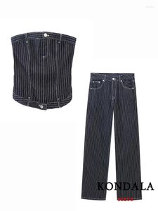 Women's Two Piece Pants KONDALA Chic Streetwear Denim Striped Sexy Women Suits Fashion 2023 Strapless Button Sheath Top Mujer Long Wide Leg