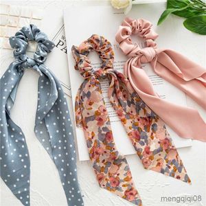 Other Summer New Floral Print Bow Satin Long Ribbon Ponytail Scarf Hair Tie Scrunchies Women Girls Elastic Bands Accessories R230608