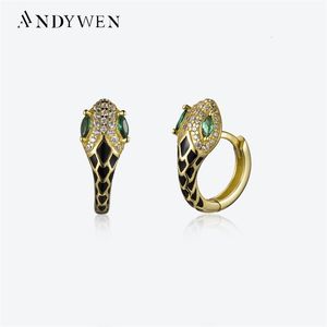 Hoop Huggie ANDYWEN 925 Sterling Silber Gold Schwarz Schlange Grün Auge CZ Hoops Clips Rock Punk Luxus Edlen Schmuck Großhandel 230607