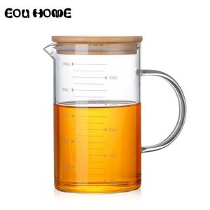 Teaware 350/500/1000 ml högkvalitativ värmebeständig borosilikatglas som mäter tekannor fruktjuice koppar vattenflaska med bambuskydd