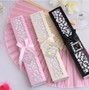Abanico de mano plegable de seda lujoso personalizado con logotipo en elegante caja de regalo cortada con láser + recuerdos de fiesta/regalos de boda + impresión