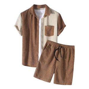 Męskie dresy męskie Corduroy Sets Sets plażowa koszula z krótkim rękawem Patchwork Shorting Shorts z kieszonkowymi ludź