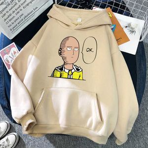 One Punch Man Say Ok Masculino com Capuz de Lã Quente Tamanho Grande Moletom Com Capuz Forro de Pele Moda Casual S-XXL Tops Feminino L230520