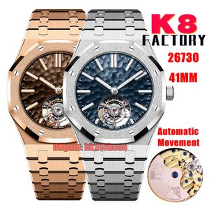 Relógios de fábrica K8 26730 Turbilhão de corda automática 41 mm Relógio masculino automático Moldura fosca Mostrador de martelo azul Pulseira de aço inoxidável Relógios de pulso masculinos