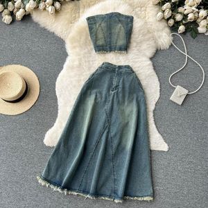 Work Dresses Clothland Sexy Denim Crop Top Suit Strapless Sleeveless Short Blouse Elastic Waist Midi Skirt Summer Cute Two Piece Set TZ824