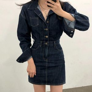 Casual Dresses Korea Chic Spring Autumn Fashion Dress Female Lapel Single Breasted Slim Jeans Hip Vestidos Sexy Highstreet Women Outfits