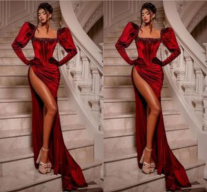 Sexy Red Mermaid Prom Dresses Long for Women Square Neck Long Sleeves Beads High Side Split Draped Party Dress Formal Birthday Pageant Celebrity Evening Gown