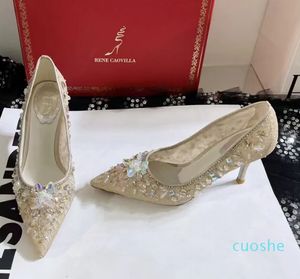 2023 sapatos sociais salto alto malha de cristal sandálias de renda designer de moda feminina sapatos de casamento pontiagudos 7,5 cm traseiro vazio sapato casual de fábrica