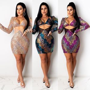 Women Sequin Bodycon Mini Dress Patchwork Mesh Hollow Out Evening Party Dresses Elegant Long Sleeve Clubwear Skinny
