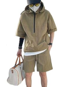 Mens Tracksuits 2Pcs Men Summer Tracksuit Shorts Set Hooded T Shirt Zipped Matching Solid Cargo Large Size Casual Suit 4XL Male Clothes 230607