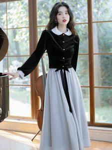 Рабочие платья осень ретро Hepburn Style Black Two Piece Set Элегантный бархатная кукла.