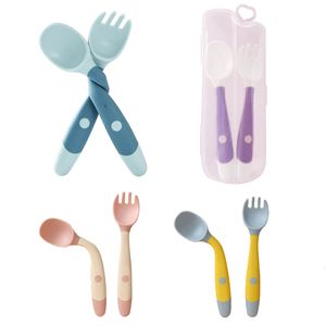 Cups Dishes Utensils Baby Children Spoon Fork Set Soft Bendable Silicone Scoop Kit Tableware Toddler Training Feeding Cutlery Utensil 230607