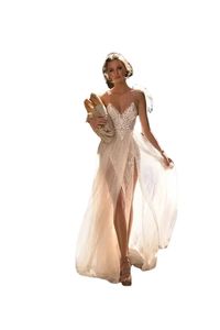 Berta Sexy Beach Wedding Dresses Spaghetti Rendas Aplicadas Sem Costas Dupla Dividida Elegante Jardim Boêmio Vestido de Noiva Barato