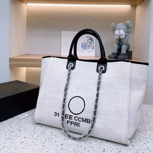 Fashion womens beach bag shoulder bag canvas designer bag shopping bag with chain luxury handbag linen pearl print crossbody bag tote bag 001