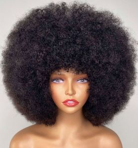 Синтетические парики пушистые афро извращенные вьющиеся человеческие волосы с густыми челками Натуральные короткие парики для чернокожих женщин на 180%.