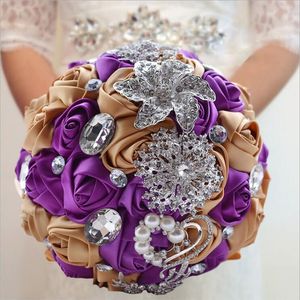 Purple Gold Satin Wedding Bridal Bouquet Simulation Flower Wedding Supplies Artificial Flower Crystal Sweet 15 Quinceanera Bouquet246J