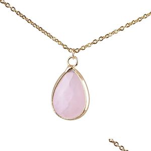 Pendant Necklaces Water Drop Rose Quartz Powder Pink Crystal Copper Package Gold Edge Necklace Fashion Women Jewelry Delivery Dhgarden Dhmcb