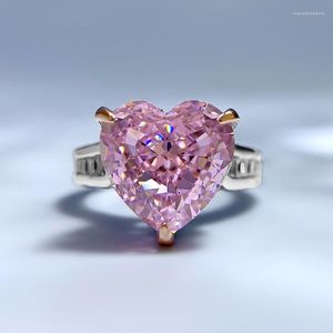 Cluster Rings Real 925 Sterling Silver Sparkling Pink Heart for Women 11 11mm High Carbon Lab Diamond Wedding Promise Love Ring