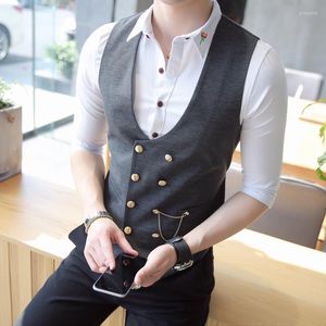 Mäns västar 2023 British Style Men's Spring Double Breasted Suit Vest/Korean Male Slim Fashion Casual Dress Vest Plus Size S-5XL