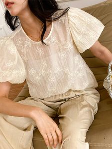 Женские блузкие блузки цыганка элегантная французская шикарная рубашка блузки O-образное срезы бежевая цветочная эмборидера лето тонкие женщины сексуальные офисные женские топы