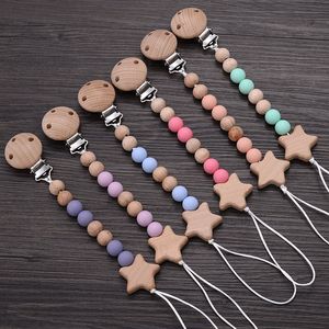 Mobiler# Beech Wood Chew Bead Pacifier Clips Chain Pentagram Dummy Holder Soother Chains Nipple For Baby Tinging Toy 230607