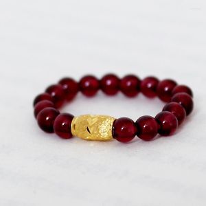 Cluster Rings Real 999 24K Yellow Gold Ring Women 3D Luck Long Bead With Garnet Beads / Weight 0.11g