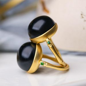 Band Rings Natural Hetian black jade round bead opening adjustable ring Chinese retro elegant bamboo charm womens silver jewelry 230608