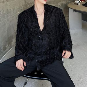 Men's Casual Shirts 2023 Summer Tulle Silk Men Long Sleeve Loose Shirt Trendy Sexy Social Streetwear Fashion Oversized Clothing