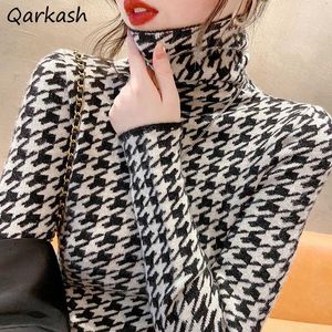 T-Shirts Houndstooth Tshirts Women Turtleneck Autumn Vintage Design Ladies Popular Soft Leisure Chic Top Slim Ulzzang New Daily Knitted