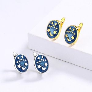 Stud Earrings 925 Sterling Silver Exquisite Star And Moon Blue Enamel Epoxy Oil Color Ladies Party Wedding Jewelry Gifts