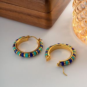 Hoop Earrings Minar Vintage Contrast Color Natural Stone Turquoise Large Women 14K Gold Plated Brass Earring Statement Jewelry