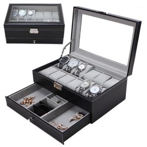 Nuove 12 griglie Slot Doppi strati PU Custodia per orologi in pelle Custodia per orologi professionale Anelli Bracciale Organizer Box Holder1218p