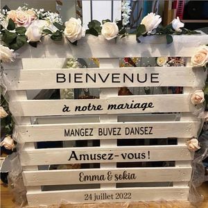 Französische personalisierte Hochzeits-Palettenaufkleber BIENVENUE Hochzeitsort-Dekorationen, individuelle Namen, Datum, Vinyl-Aufkleber, Party-Dekoration