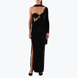 Abiti casual 2023 Donne sexy Nero O Collo Una spalla Manica lunga Backless Mesh Maxi Cut Out Celebrity Club Evening Party Elegante