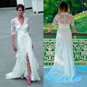 2019 Country Boho V-Neck A-Line Wedding Suknie ślubne Pół rękawów w pełni koronkowa wielopoziomowa Suknia ślubna podzielona na podłogę z Sash254J