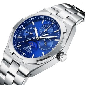 Wristwatches Men Luxury Luminous Rose Gold Silver Blue Fashion Quartz Overseas Moon Phase Stainless Steel Watch