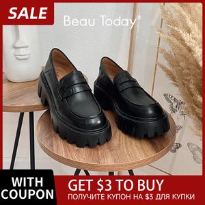 BEAUTODAY Platform Penny Loafers Women Genuine Cow Leather Round Toe 2023 Slip On Chunky Sole Ladies Casual Shoes Handmade 27733