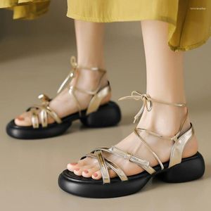 Sandalet Fad Kadınlar Orta Topuklu Açık Ayak Tip Platform Ayakkabıları 2023 Yaz Çapraz Bağlı Dantel-Up Slaytlar Günlük Terlik Bayanlar Zapatillas