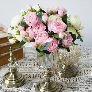 Decorative Flowers 1 Bouquet 9 Heads Artificial Peony Tea Rose Fake DIY Flower Arrangement Home Garden Wedding Window Decoration