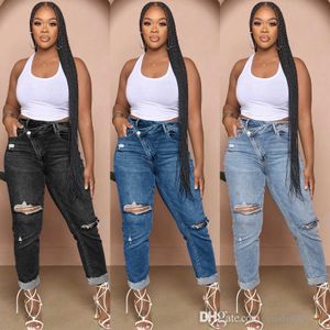 Casual Womens Clothing Denim Ripped Jeans Personalized Torn Hole Diagonal Buckle Elastic Pants