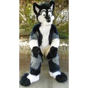 Traje de mascote Husky profissional preto branco Canino Animal Fursuit Fox Hound Roupa de cabelos compridos Roupa de desempenho de festa de Halloween