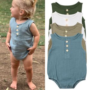 Rompers född spädbarn baby flickor pojkar romper bomull linnet fast färg ärmlös knapp bodysuit jumpsuit onepiece sunsuit 024m 230607