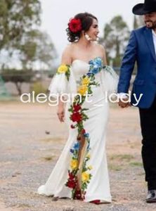 Mexican Sunflower Embroidered Mermaid Wedding Dresses Sexy High Slit 3D Floral Western Country Garden Bridal Gowns