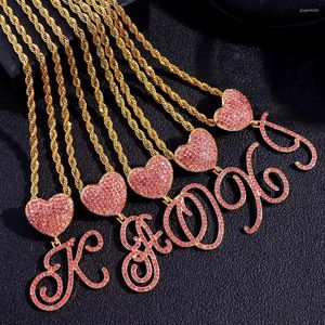 Correntes de corda de aço inoxidável corrente letra cursiva colar de pingente de cristal para mulheres bling rosa strass inicial gargantilha joias